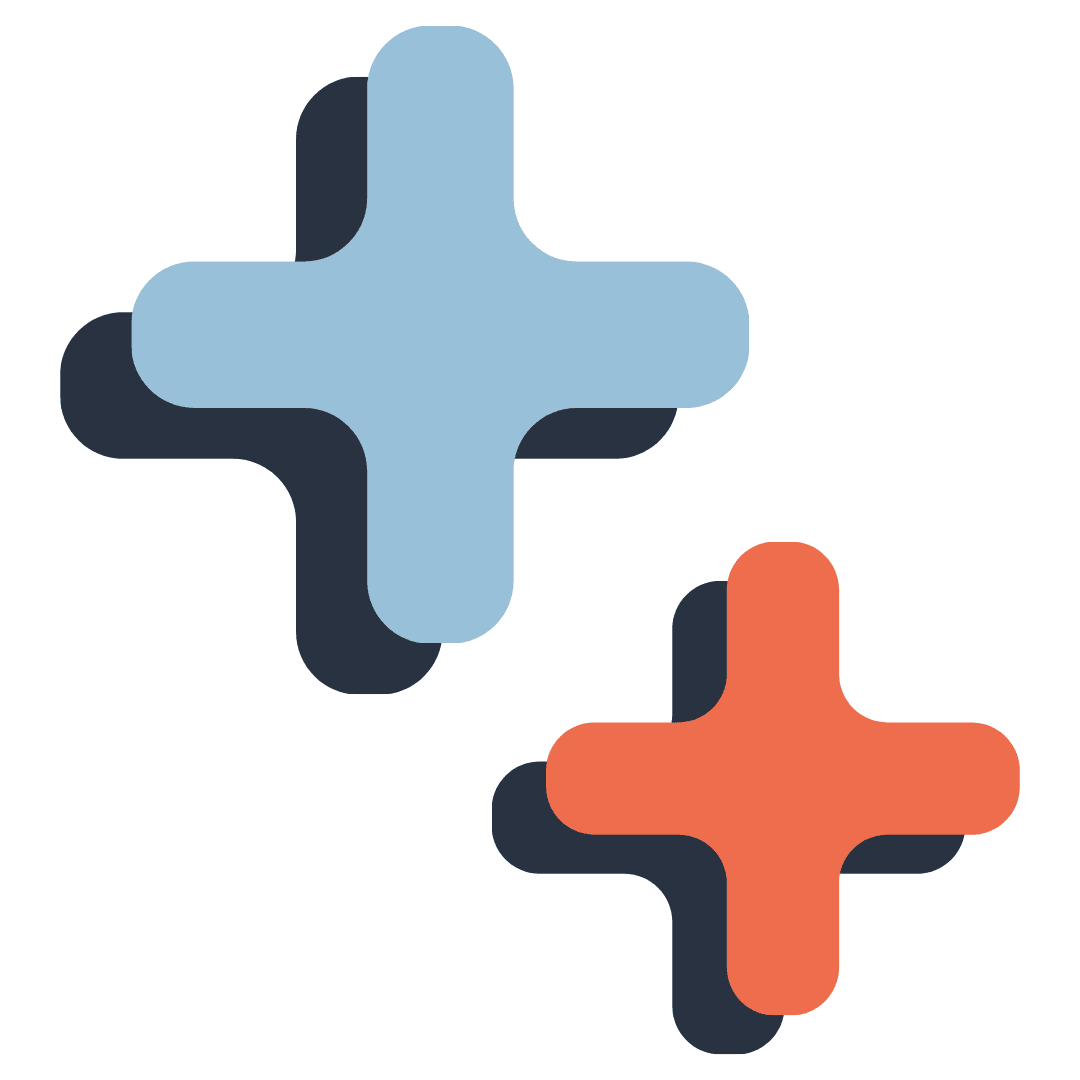Two large plus signs. One is light blue, the other is dark orange.