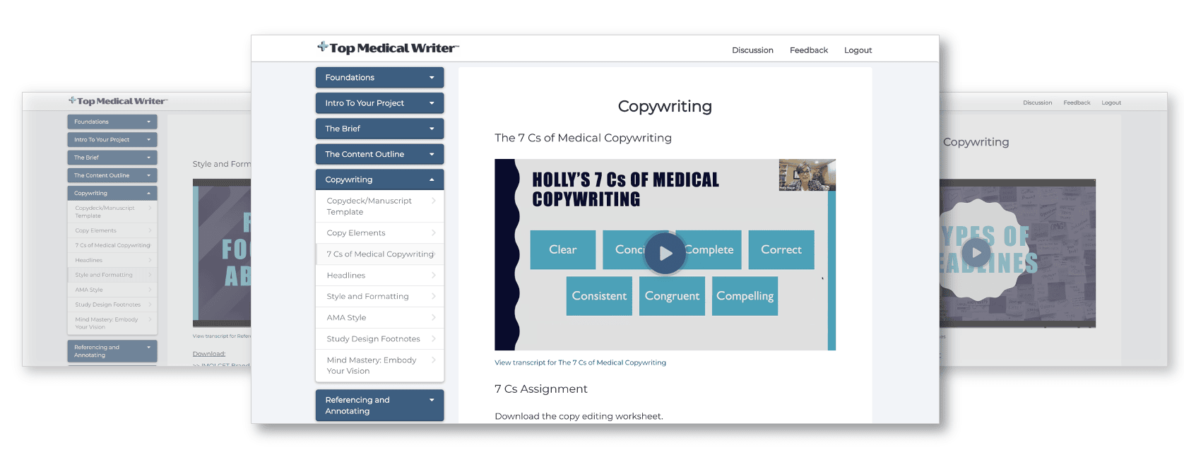 Three screenshots from the course: two in the background, one in the foreground, showing the module and lesson panel and the corresponding video.