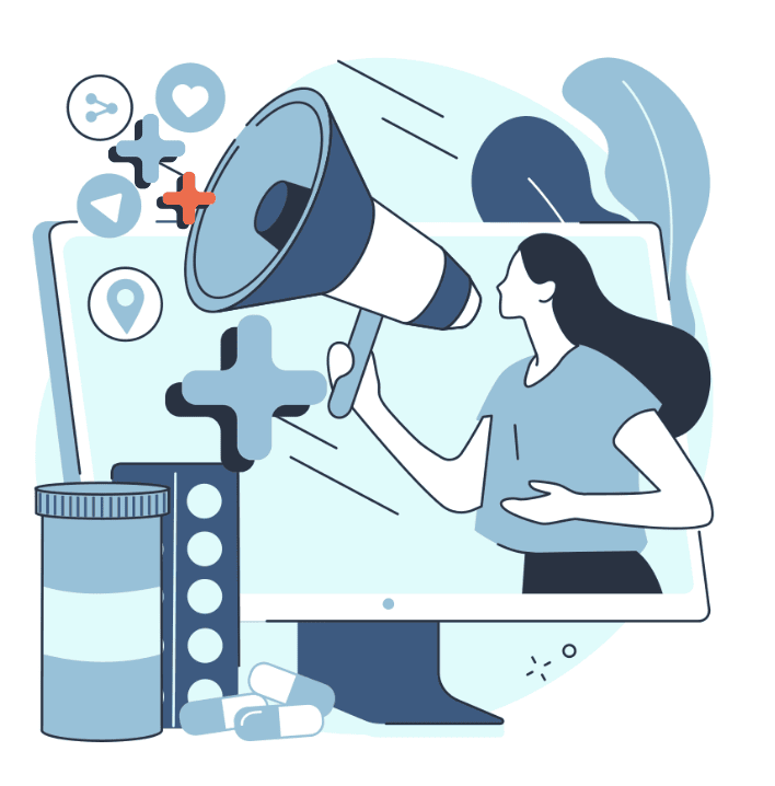 Monochromatic drawing of a computer monitor showing a woman using a megaphone. Beside the monitor is an oversized pill bottle and some oversized pills.