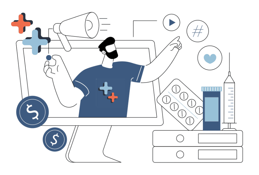 A black-outlined illustration of a computer monitor showing a man pointing with his left hand and holding a megaphone in his left. There is an oversized pill bottle, blister pack, and needle syringe beside the monitor.